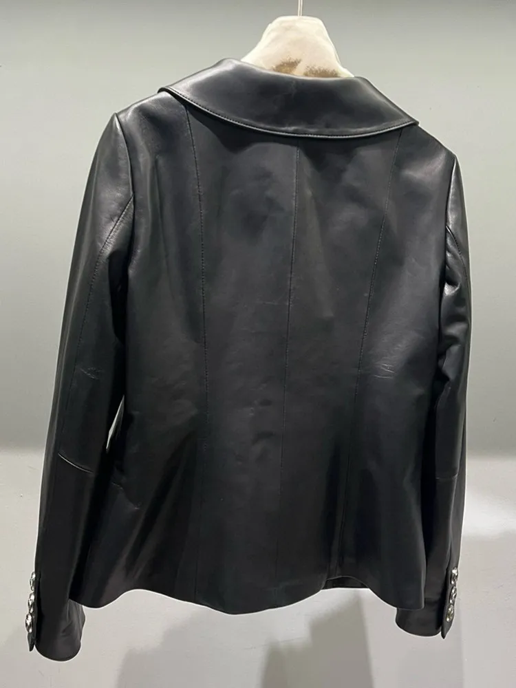 Autunno nuove donne bottoni colorati slim fit pelle di pecora giacca in vera pelle vintage elegante signora festa bavero colletto capispalla cappotto