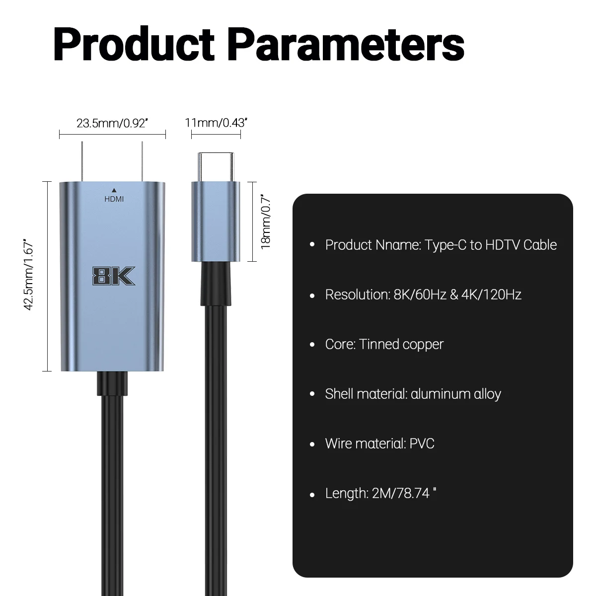 2m 8k 60Hz/4K 120Hz Portable USB Type C to HDMI Conversion Cable for TV Docking on Lattop/Mobile/Screen/Macbook Pro