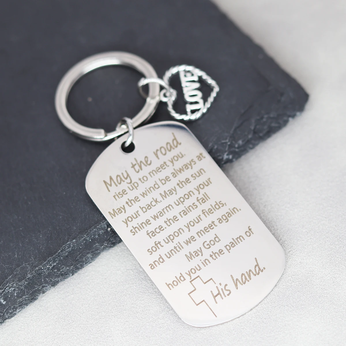 May The Road Rise Up To Meet You Keychain Stainless Steel Keyring Love Heart Pendant Key Chains Car Key Holder