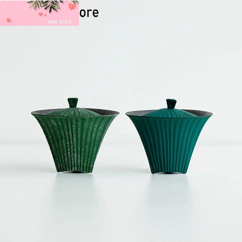 

80 мл Ретро Snow Point Pine Green Керамический чайный набор Creative Stripe Ercai Чайная чаша с крышкой Чайный сервиз Gaiwan Kung Fu