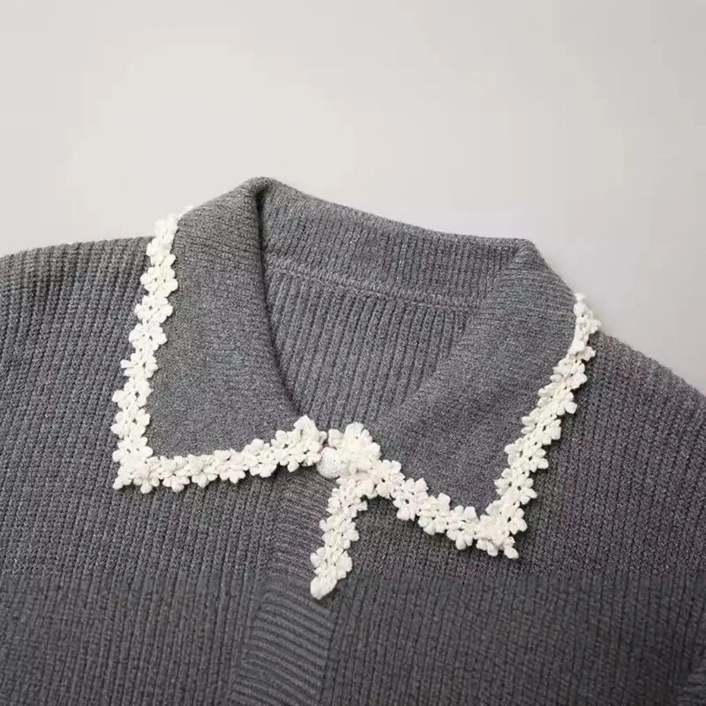 

Style Women's Knitted Cardigan Contrast Color Crochet Jacket Top Autumn New Sweater