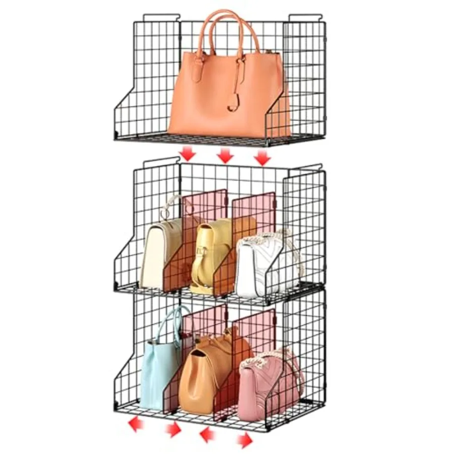 

Органайзер для хранения сумок в шкафу: регулируемые разделители (3 шт.) для сумок - штабелируемые проволочные корзины для хранения сумок - Op