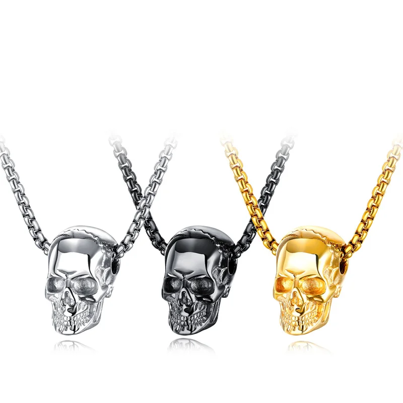 Wu's 2022 Retro Hip Hop Punk Stainless Steel Skull Necklace Men's Rock Personality Long Pendant Necklace Boho Halloween Ornament