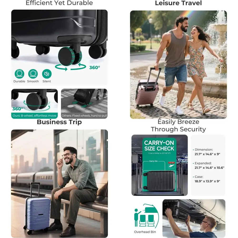 

20, легкий расширяемый чемодан с твердым корпусом и замком TSA, одобренный авиакомпанией, подходит для мужчин и женщин, черный