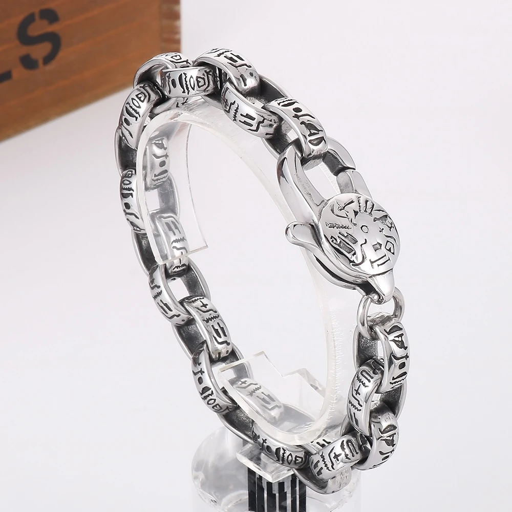 New Vintage Stainless Steel Ancient Egyptian Hieroglyph Bracelet Fashion Biker Link Chain Wristband Bracelet Amulet Jewelry Gift