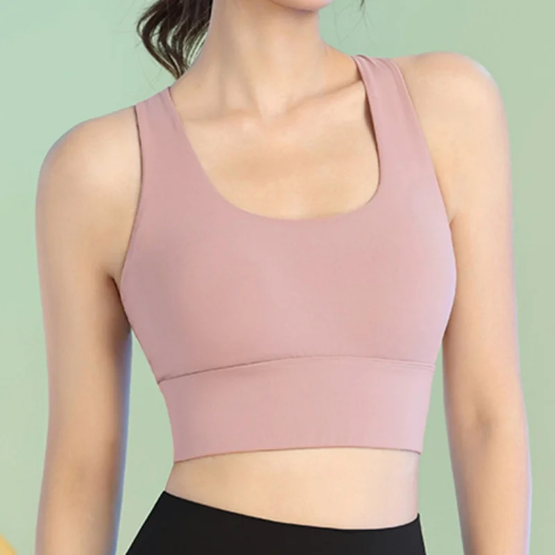 PHIGEER Women Back Cross Quick Dry Sports Bra U-Neck Low Impact Yoga Top with Padded Workout Clothes Yogawear Built in Pads New