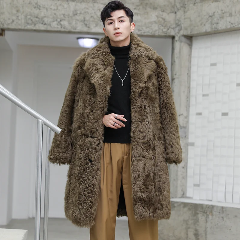 New Winter Men's Real Sheep Fur Coat Long Design Wool Overcoat Men Thick Sheepskin Leather Jacket Sherling Male Outerwear