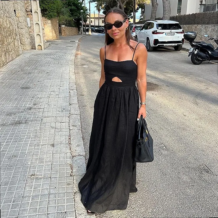 Black Strap High Waist French Dress Summer Spring Floral Maxi Dress Women