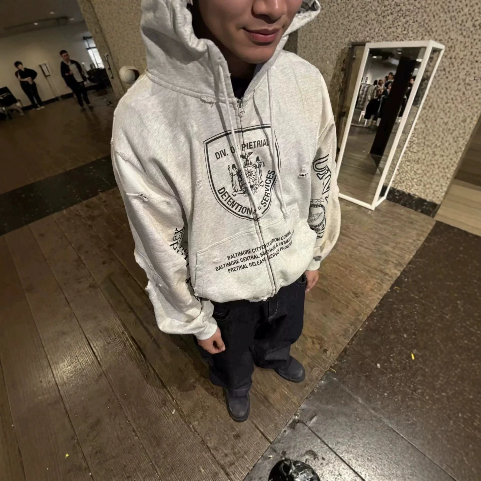 Grailz Water-washed Hole-Dyed Vintage Stained Patchwork Textured Print Zip-Up Hoodie for Men and Women Protocol Index