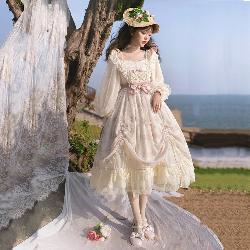 

FC6Letterhead OP Elegant Pink Lolita Daily Lace Bow Leg Of Lamb Cuff Long-sleeved Square Collar High-waisted Dress Rose Pri@FC8！