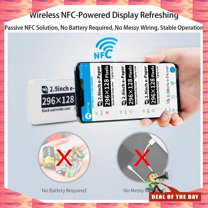 Consegna in 24 ore Waveshare Modulo schermo E-Ink Epaper Eink E Paper da 2,9 pollici wireless alimentato da NFC per APP Android mobile,