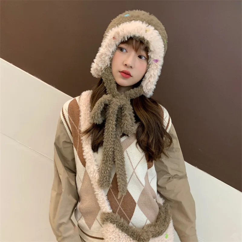 Winter Button-wool Knitted Hat Outdoor Thickened Warm Woolen Hat