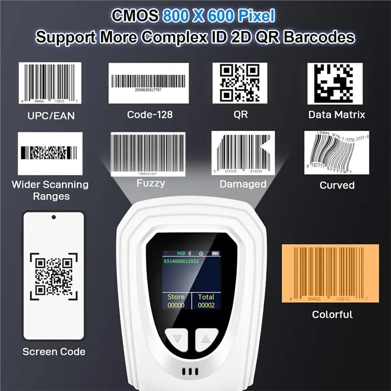 Handheld Barcode Reader 1D QR 2D Barcode Scanner, Bluetooth Wireless Bar Code Scanners With LCD Screen Display