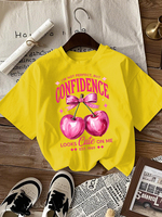 I'M Not Perfect But Confidence Pink Bow Cherry Pattern T Shirt Women Summer Y2K Tops Soft Loose T-Shirt Cotton All-Match Clothes