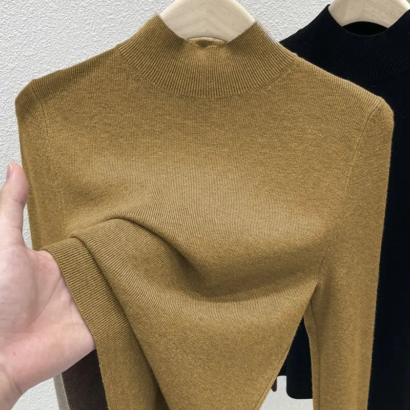 Autumn Winter Base Shirt with a Stylish Interior a Semi High Collar Women\'s Clothing Slim Fit Long Sleeved Mid Neck Design Tops