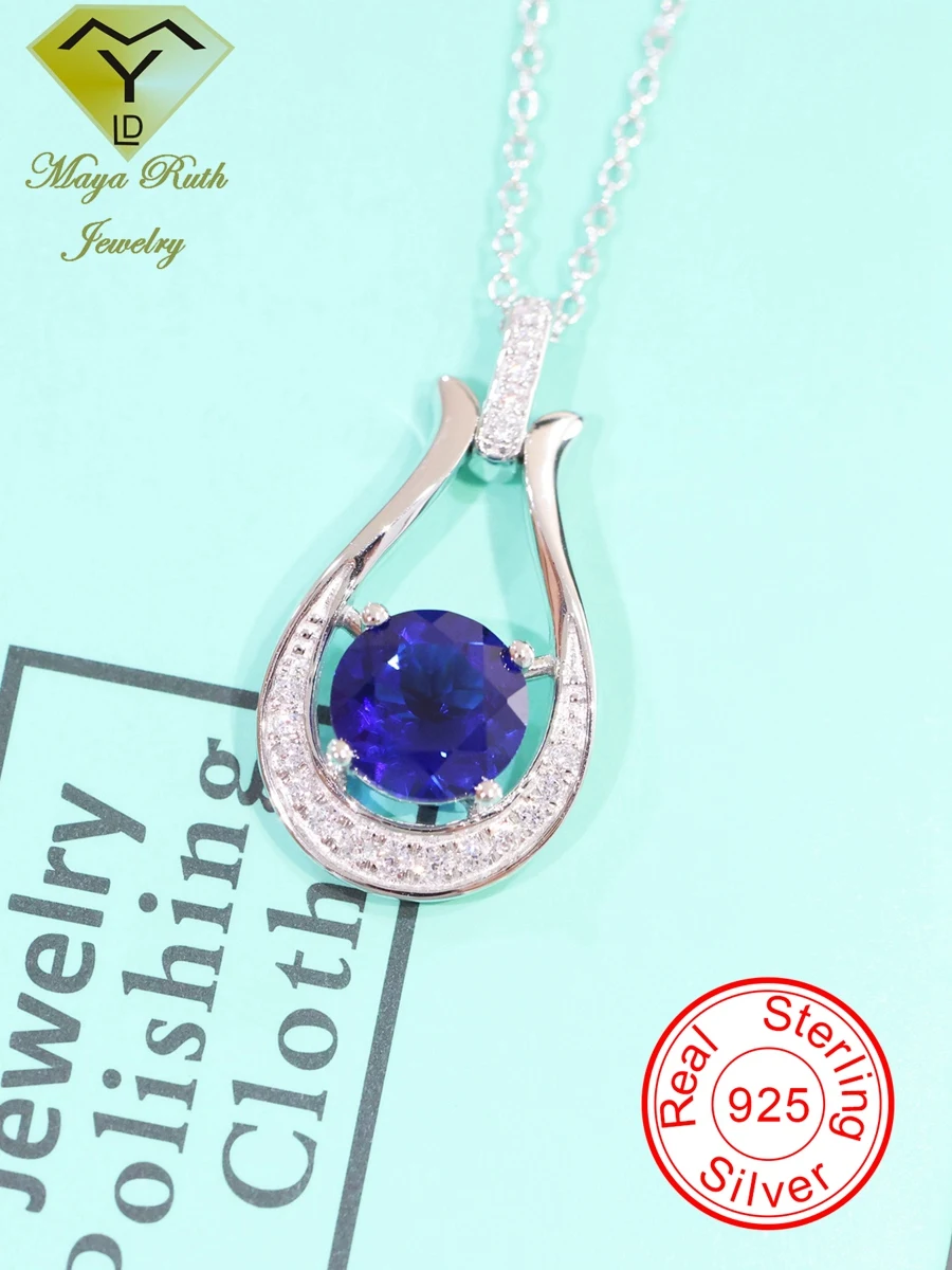 

MayaRuth Created Sapphire Pendant Dainty Necklaces for Women 925 Sterling Silver Imitation Blue Round Gemstone Aesthetic Jewelry