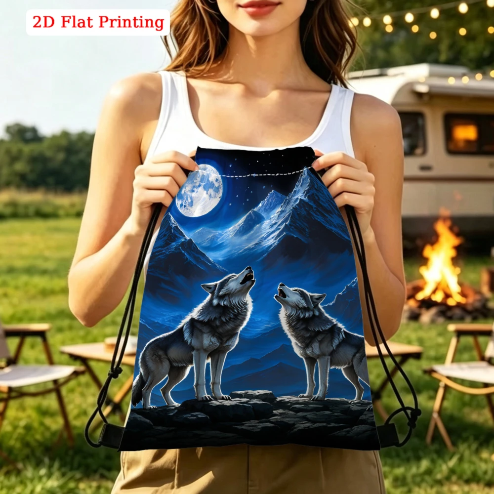 Howling Wolves Moon Mountain Pattern 2D Flat Printing Drawstring Backpack Outdoor Travel Fitness Sports Bag