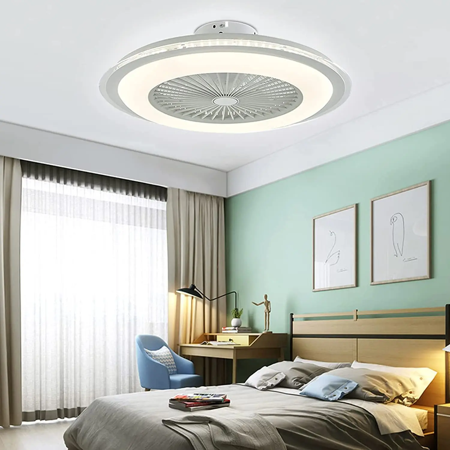 Modern Round Coffee/Gray/White 23 Inch LED Low Profile Ceiling Fan with Remote Control for Bedroom