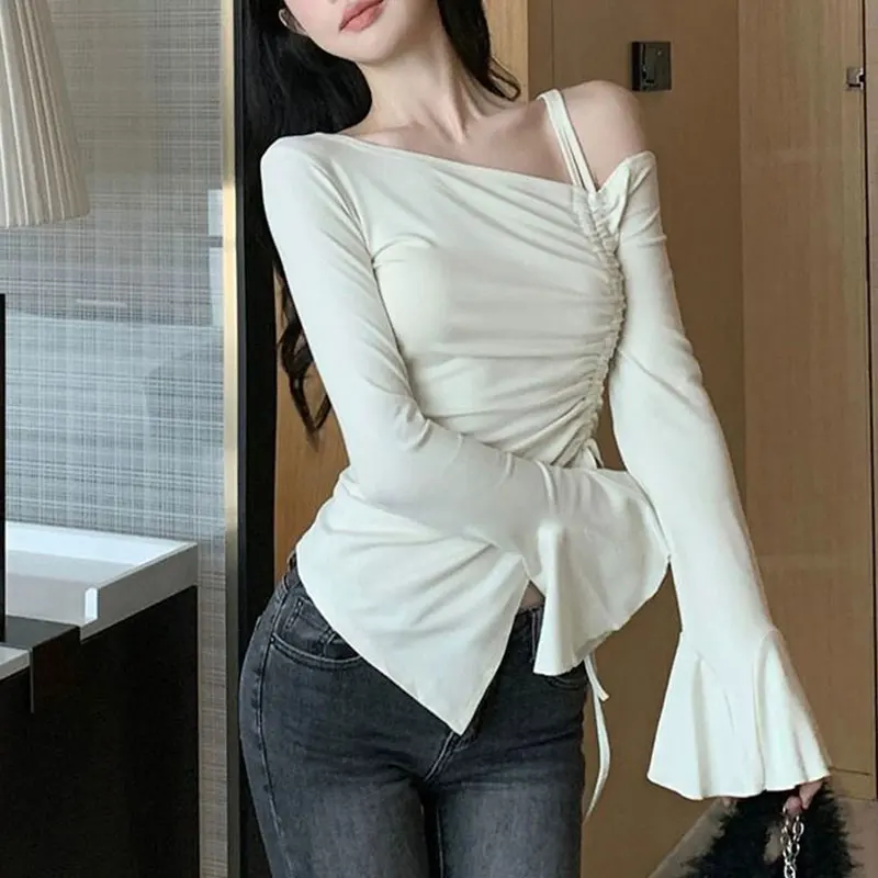 Women\'s Autumn Fashion Simplicity Solid Color Off Shoulder Long Sleeve T-Shirt Women Clothes All-match Temperament Slim Tops