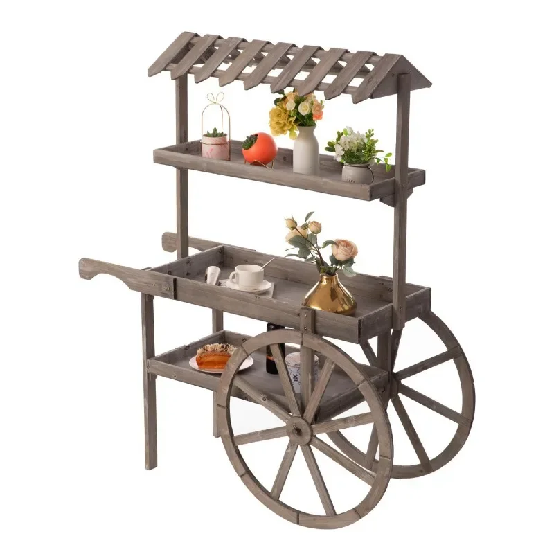 Large solid wood float rack flower shop decoration villa display indoor and outdoor mobile cart pastoral