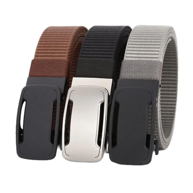 Men's alloy acrylic fashionable casual outerwear automatic buckle nylon non perforated waistband belt with waist cinching