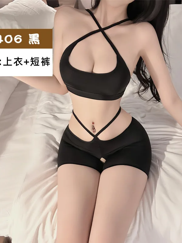 Sexy Sporty And Girl Shorts Set Skinny Sexy Thin Transparent Yoga Chest Wrapped Low Neck Shorts Uniform Set Fashion Women M10R