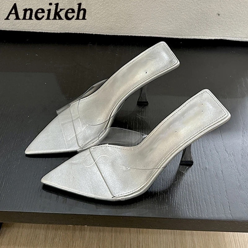 Aneikeh NoveltyPVC Transparent Sandals Pointed High Heel Slippers Elegant Comfortable Summer Slim Heel Slippers Party Mules Shoe