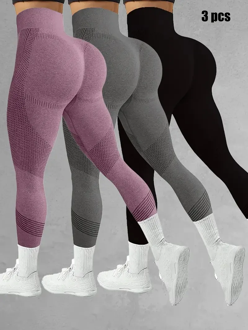3-Pack Women\'s High-Waist Yoga Pants Stretch Striped Knit Fabric Skinny Fit Elastic Waistband Breathable Sports