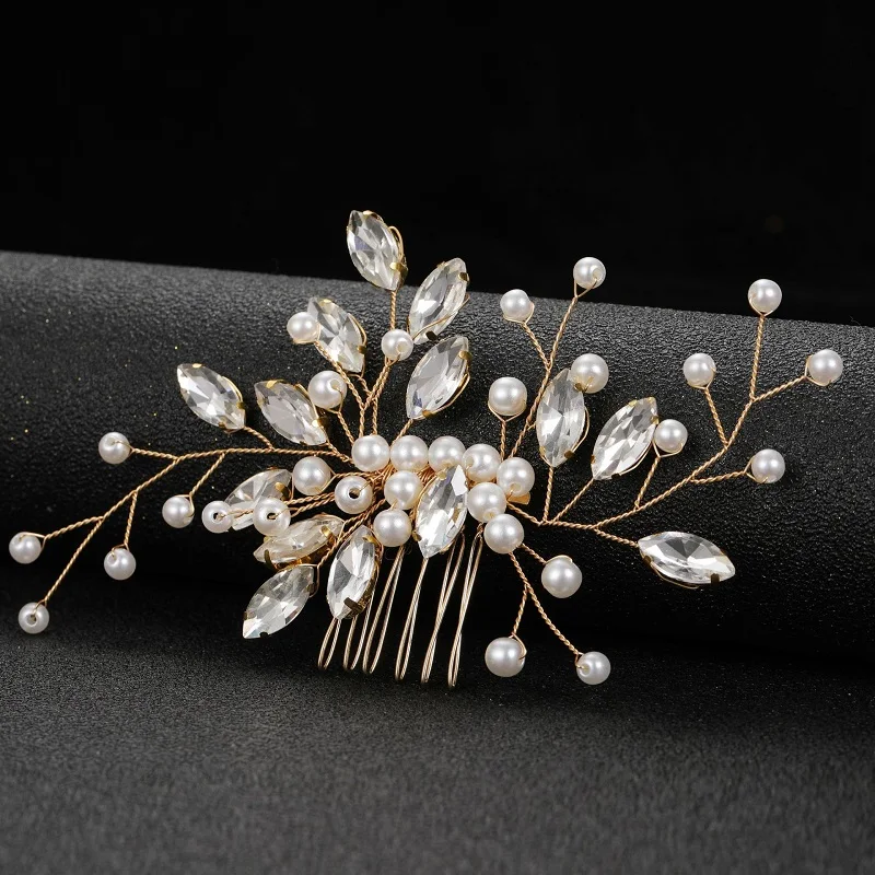 New Design Simulated Pearls Headbands Big Crystal Leaf Hairbands Wedding Hair Accessories Gold Color Women Jewelry Headpiece