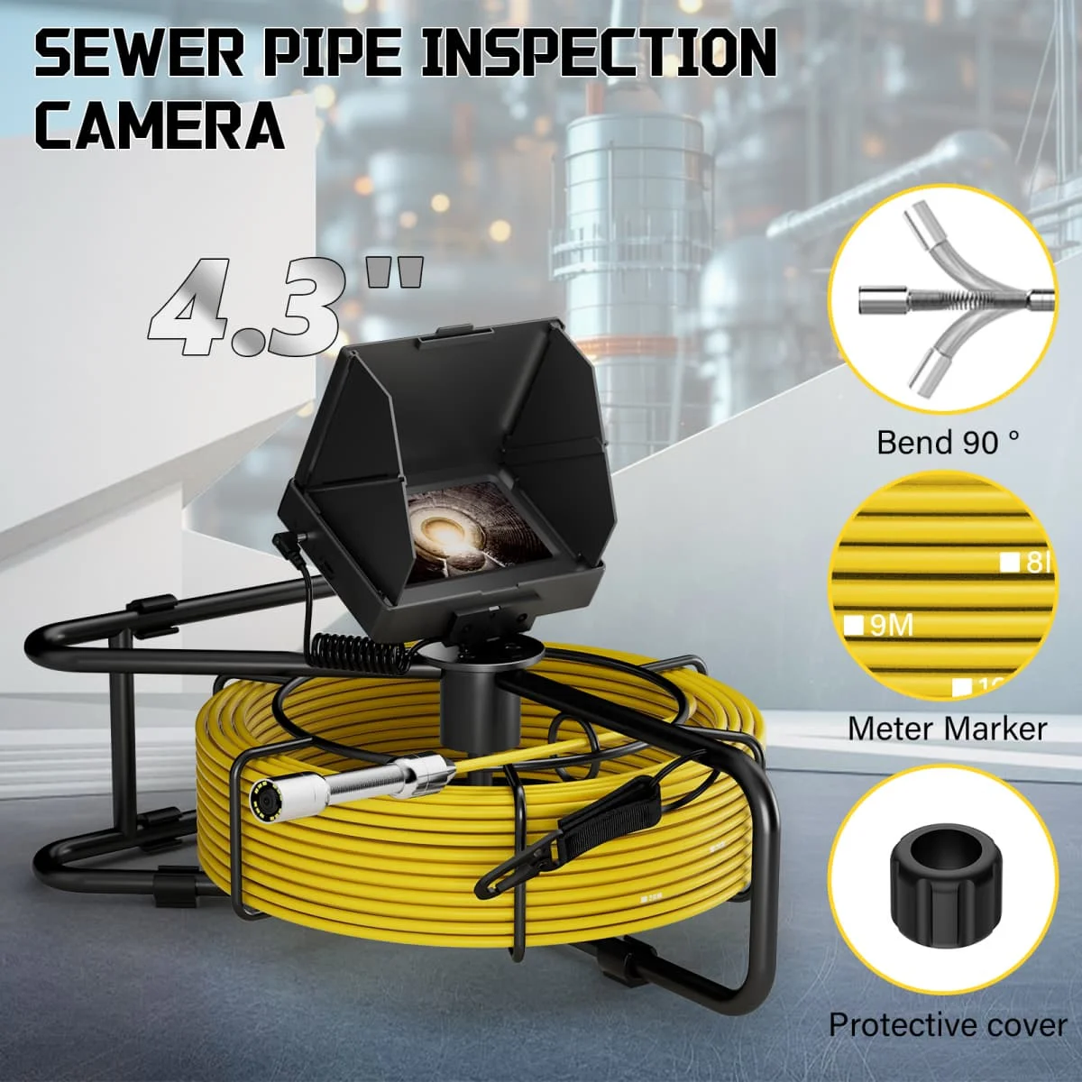 Drain Pipe Inspection Camera 10/20/30M Cable 4.3-Inch HD Screen 5600mAh Rechargeable IP68 Waterproof Plumbing Endoscope DVR 16GB