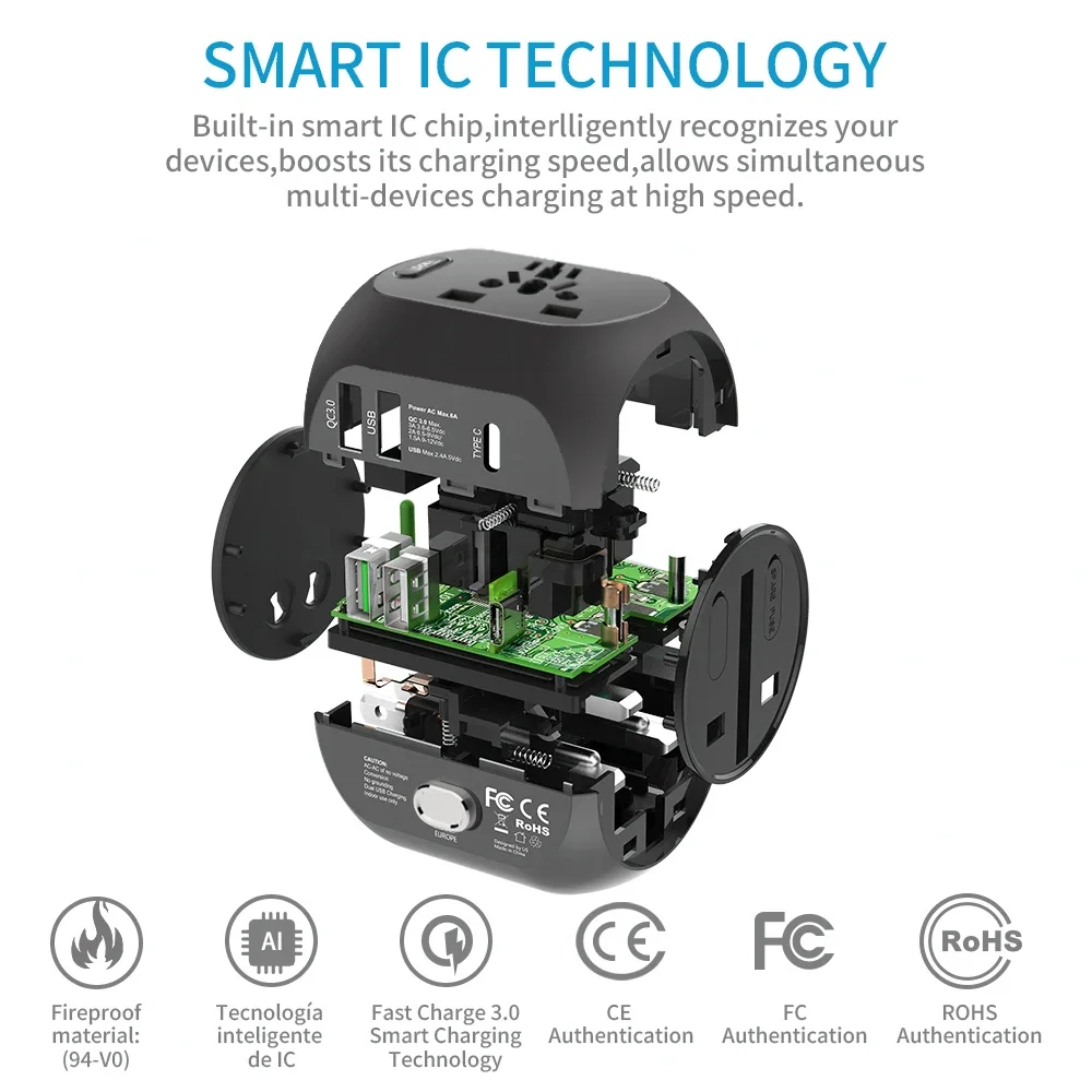 UPPEL-uniwersalny Adapter podróżny, wszystko w jednym, wtyczka konwersji, US, EU, KR, inteligentny, wiele portów, ładowarka USB typu C, zasilacz