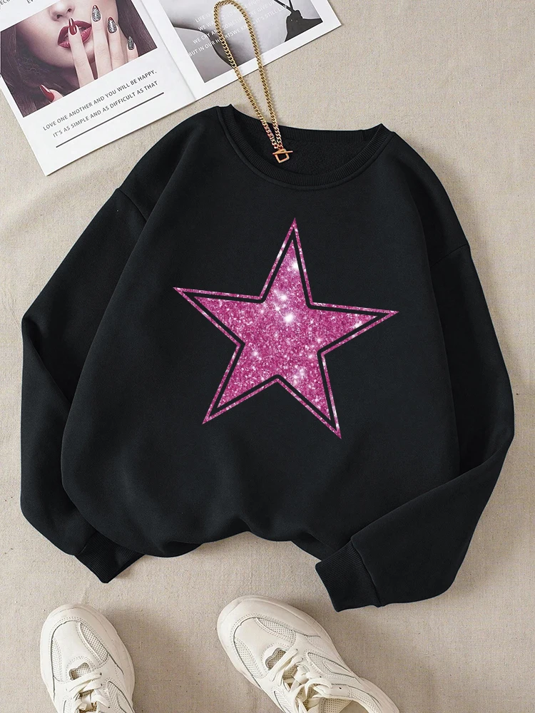 Pink Five-Pointed Star Print Sweatshirt Female Fashion Fleece Warm Hoody Autumn Crewneck Hoodies Casual Retro Sportswear Women