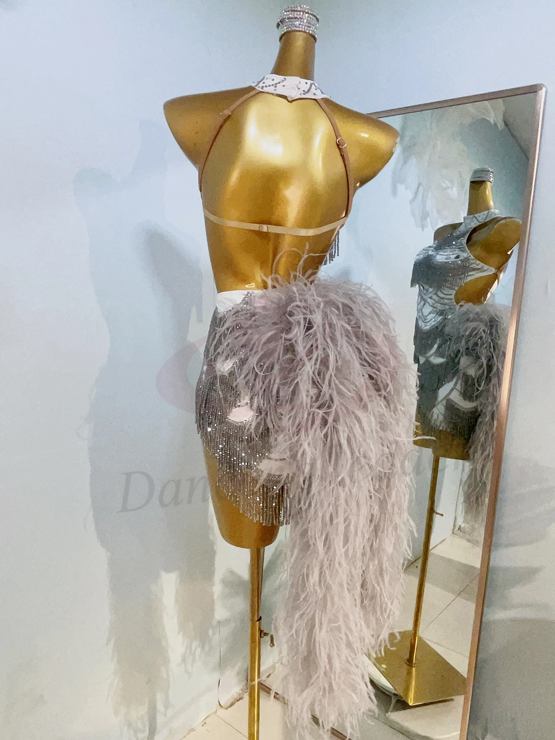 Latin Dance Dress High-end Custom Silver Bead Tube Tassel Velvet Tail Tango Female Adult Stage Professional Clothing