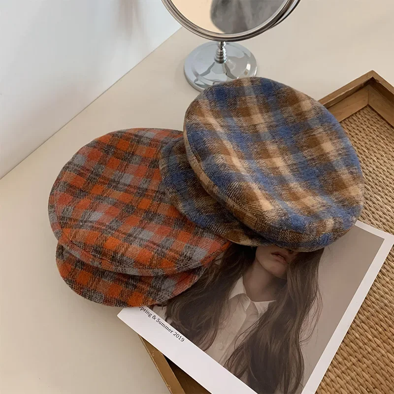 Chic Vintage Plaid Beret Octagonal Hats for Women Classic Beanies Caps Flat Brim Artist Berets Female Painter Cap Boina Mujer