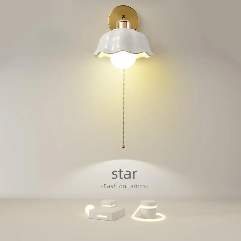 Nordic LED Wall Lights Warm Ceramic / Glass Shade Bedside Bedroom Light with Pull Cord Switch Homestay Staircase Light