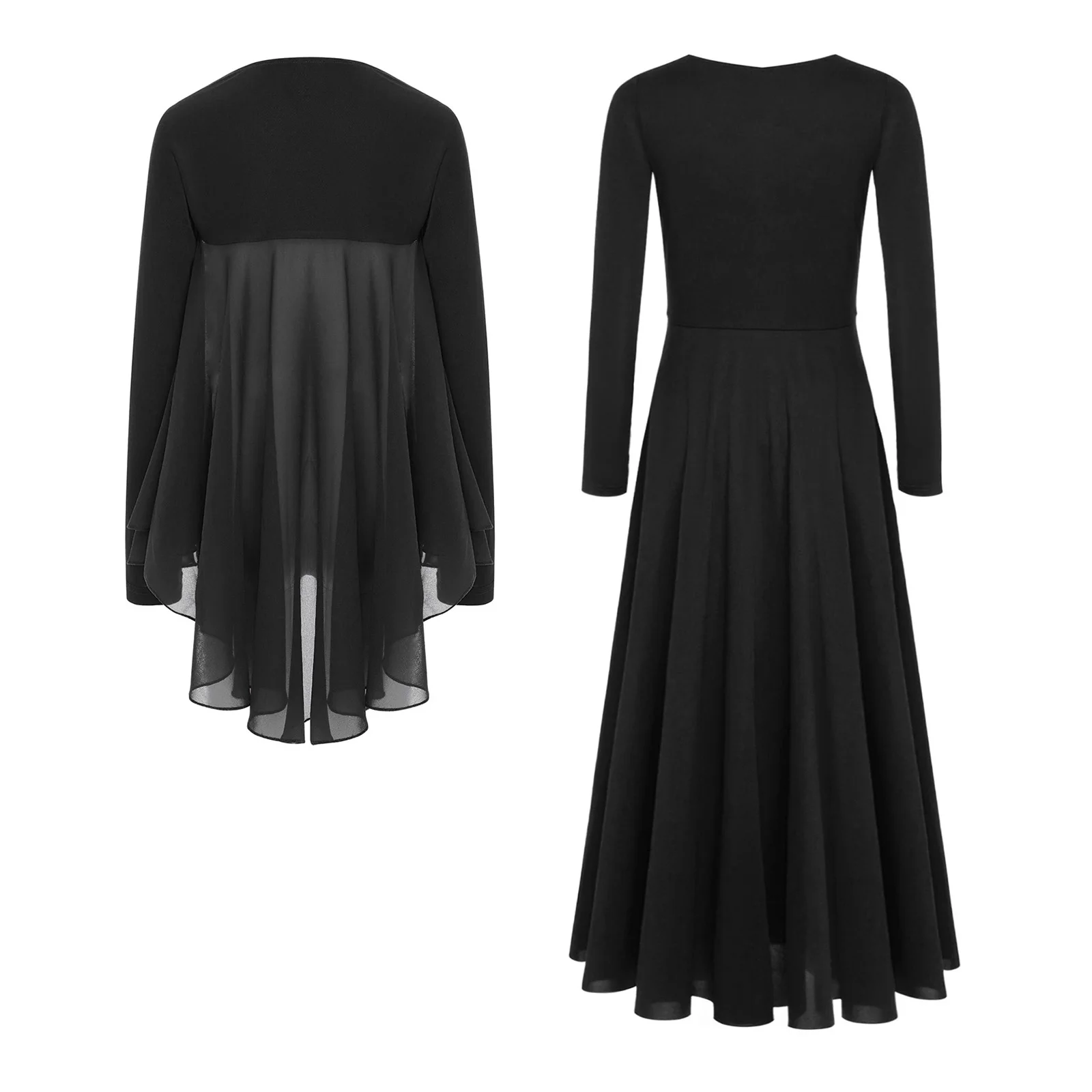 6-16Y الفتيات الليتورجية العبادة الكنيسة جوقة الثناء الرقص الغنائي الزي طويلة الأكمام لامعة حجر الراين واسعة فستان محكم من عند الصدر ويتدلى بشكل واسع مع شال #3