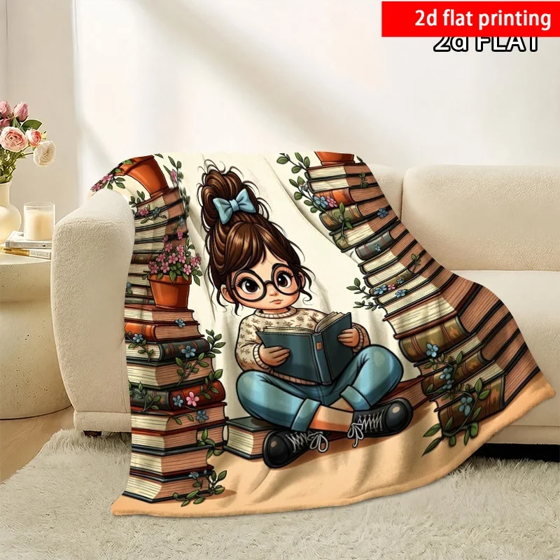 2D Flat Printing, 1pc Reading Theme Decorative Blanket/Throw, Printed with Glasses Reading Girl And Stacked Books, Cartoon Liter