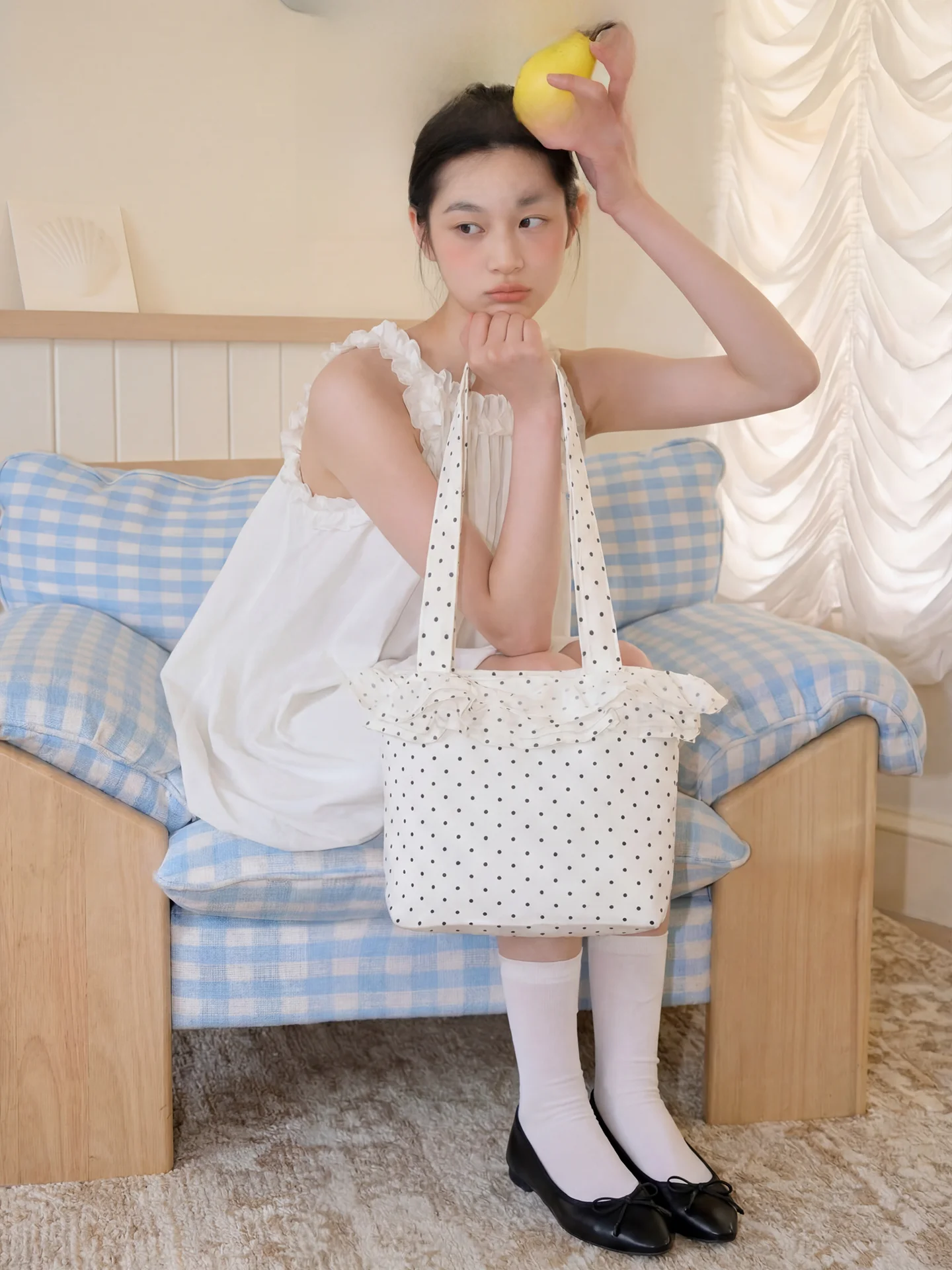 

Fashionable Polka Dot Ruffle Canvas Bag Women's Single Shoulder Bag Korean Style Orange Girl Versatile Chic Small Tote Bag