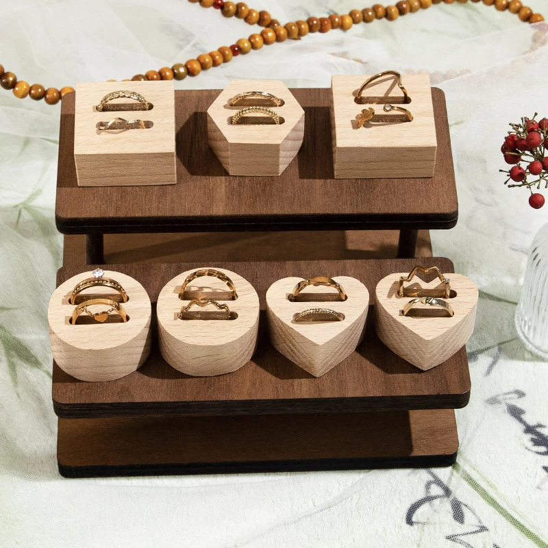 الخشب جولة/مربع/القلب واحد/مزدوج فتحة حلقة رف شاشة حامل مُنظِم مجوهرات عرض موقف حلقة عداد ويندوز العرض