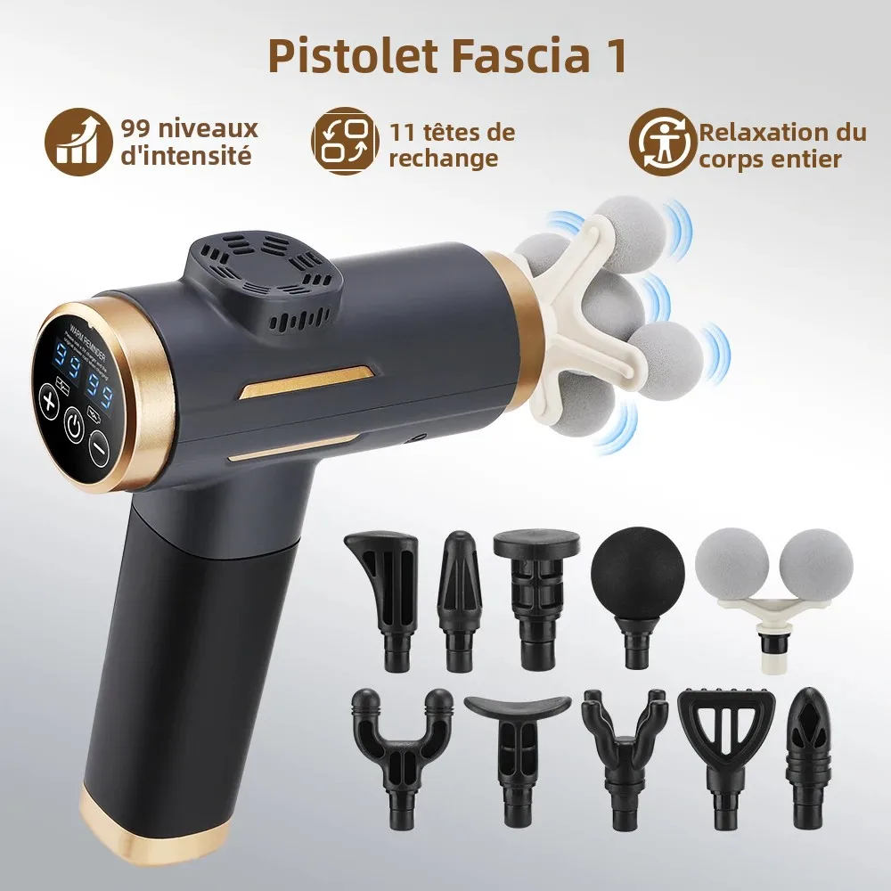 Pistolet de massage électrique 24W, 99 vitesses réglables, 11 têtes interchangeables, masseur à percussion profonde 8mm, rechargeable, pour la maison et la salle de sport