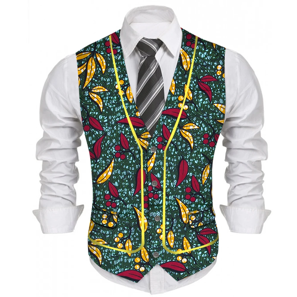 Mens African Clothing Bazin Riche Print Top Vest African Slim Fit Business Wedding Blazer Vest Wyn1208