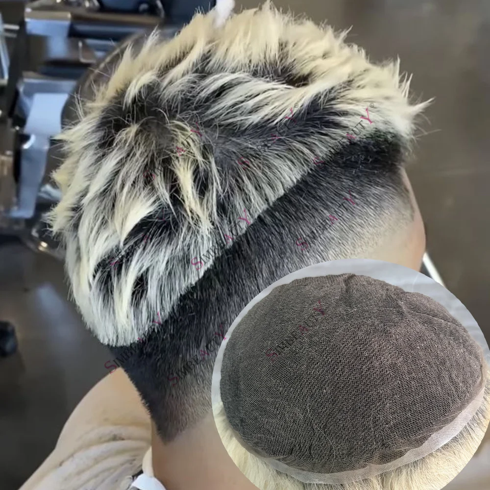 Swiss Lace Full Lace Human Hair Toupee 1BT60R 1BT613 Ombre Blonde Hair Loss System for Bald Men Grey Black European Human Hair