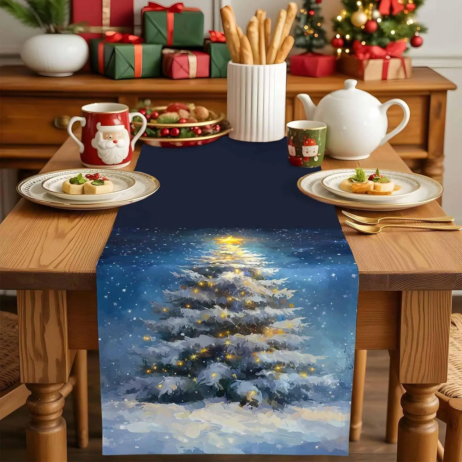 Merry Christmas Xmas Tree Linen Table Runner Party Decor Reusable Winter Xmas Kitchen Dining Table Runners Christmas Decorations