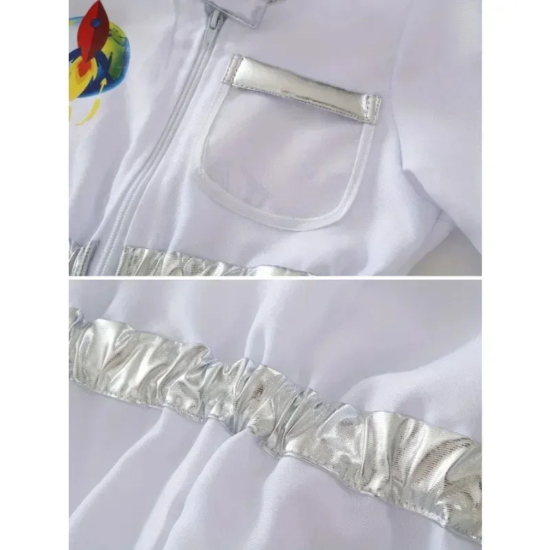 

COSda@Kids US Astronaut Dressup Costume Deluxe Print Cartoon White Space Suit Bodysuit Halloween Role Play Adventure Gloves Hat