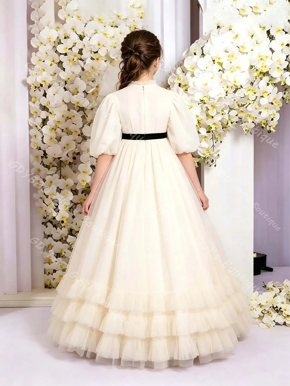 Customized Kids Wedding Party Dress for Flower Girls Balloon Sleeves Tiered Tulle Princess Pageant Communion Dress With Sashes
