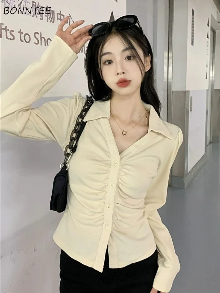 

Тонкие рубашки для женщин, осенние топы со складками и длинными рукавами, сексуальные повседневные универсальные рубашки для девочек Ulzzang, простые модные повседневные майки De Mujer