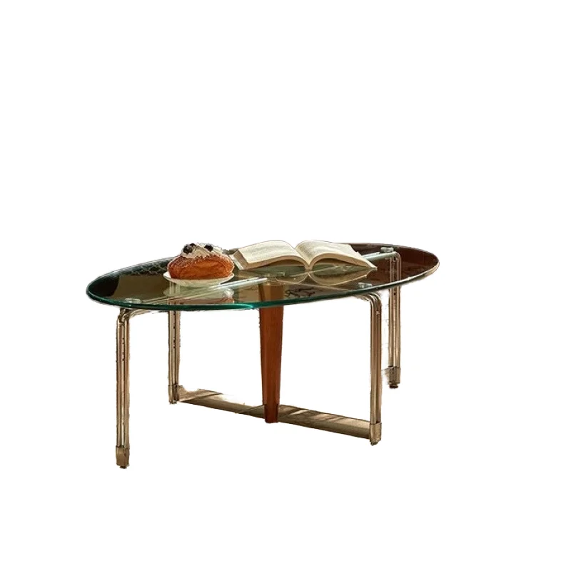 #Nordic Vintage Apartment Living Room Furniture Extremely Simple Modern Oval Birch Panel Tempered Glass Coffee Table