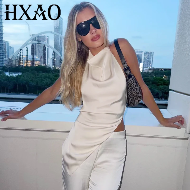 HXAO Damen Satin Neckholder-Top Sommer 2026 Weiß Schwarz Leopard Tanktop Schickes Asymmetrisches Korsett Schnürung Ärmellos Rückenfreies Oberteil – Detail 3