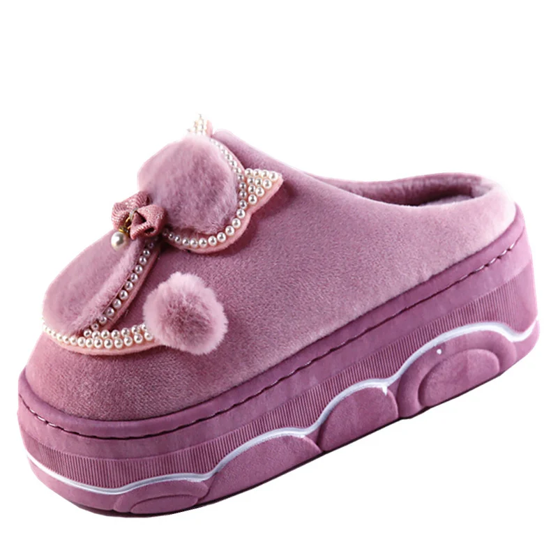 Girls Winter cotton slippers plush indoor rhinestone ladies shoes 2024 stylish new arrival women platform slippers