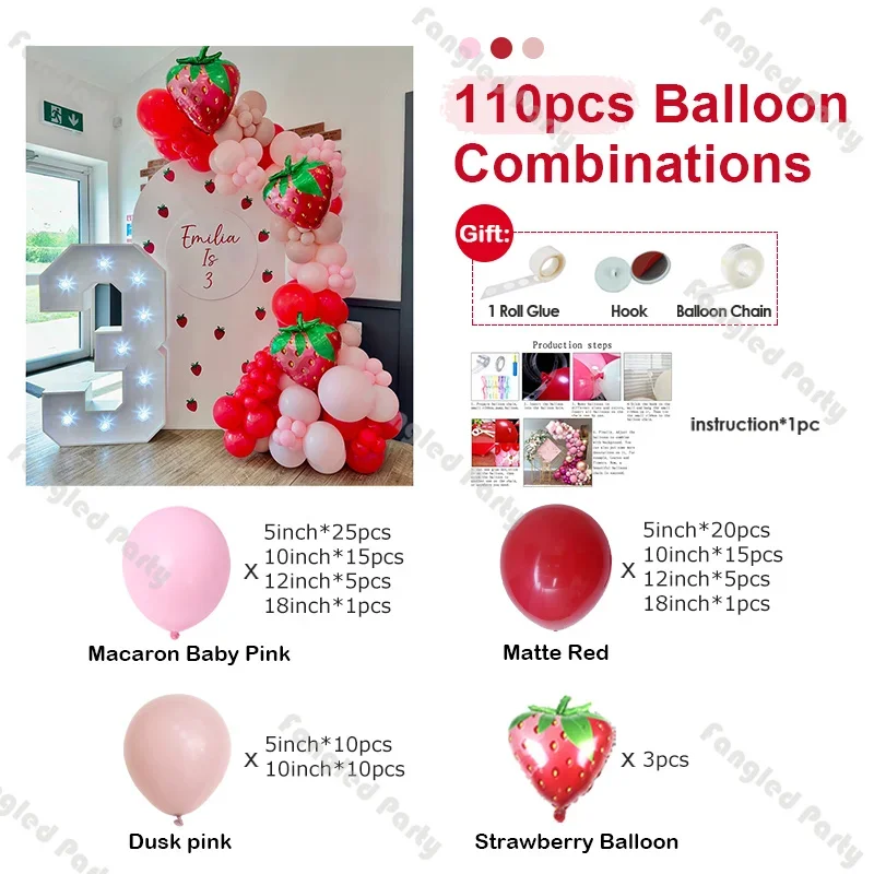 110pcs Red Pink Pastel Balloon Garland Kit Strawberry Birthday Baby Girl Shower 1st Birthday Gender Reveal Wedding Globos